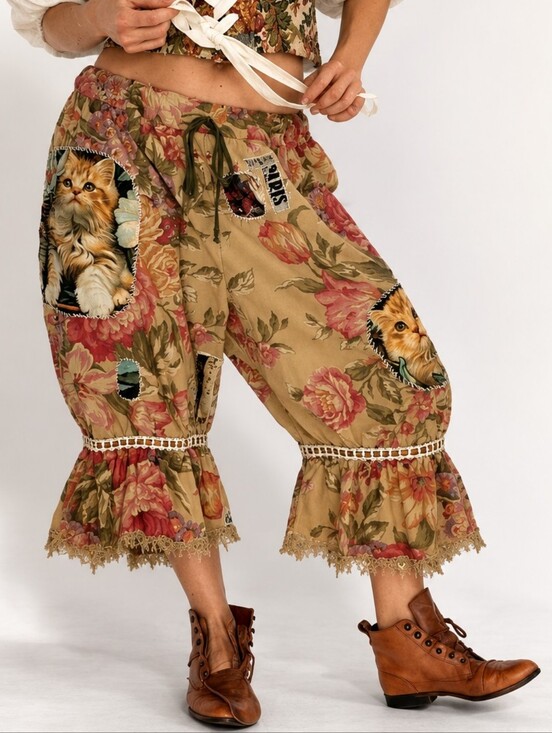 Ivana Ruzzo Pants - Bloomers Victorian Pants Shabby Chic Ruffles Cat Patchwork Golden Lace